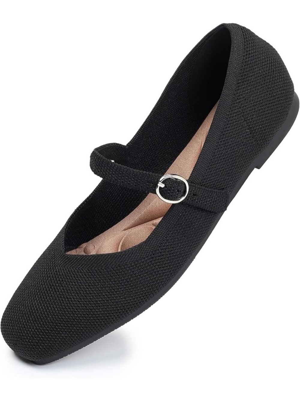 Women's Black Rubber Knit Square Toe Ballet Flats Ankle Strap Comfortable Shoes